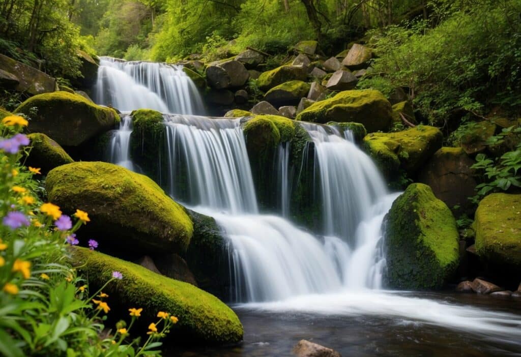 Uma serena cachoeira despencando sobre rochas cobertas de musgo, cercada por uma vegetação exuberante e flores silvestres vibrantes.