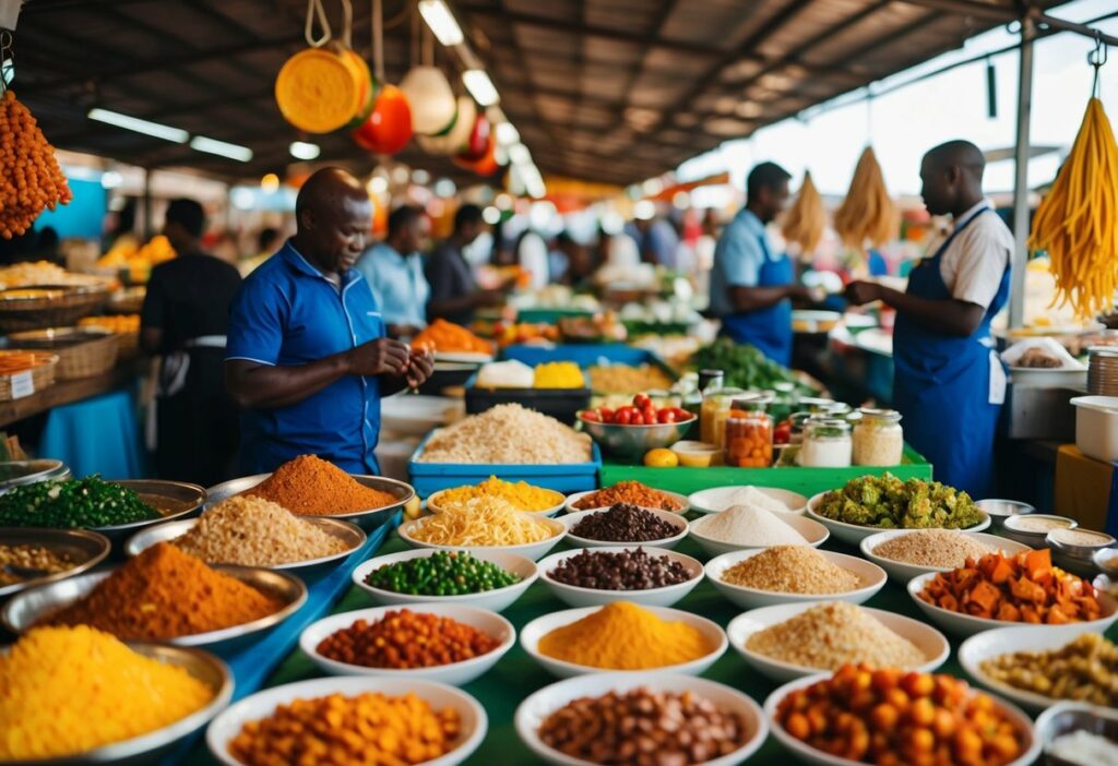 Uma cena de mercado vibrante com barracas coloridas vendendo diversos pratos e ingredientes africanos