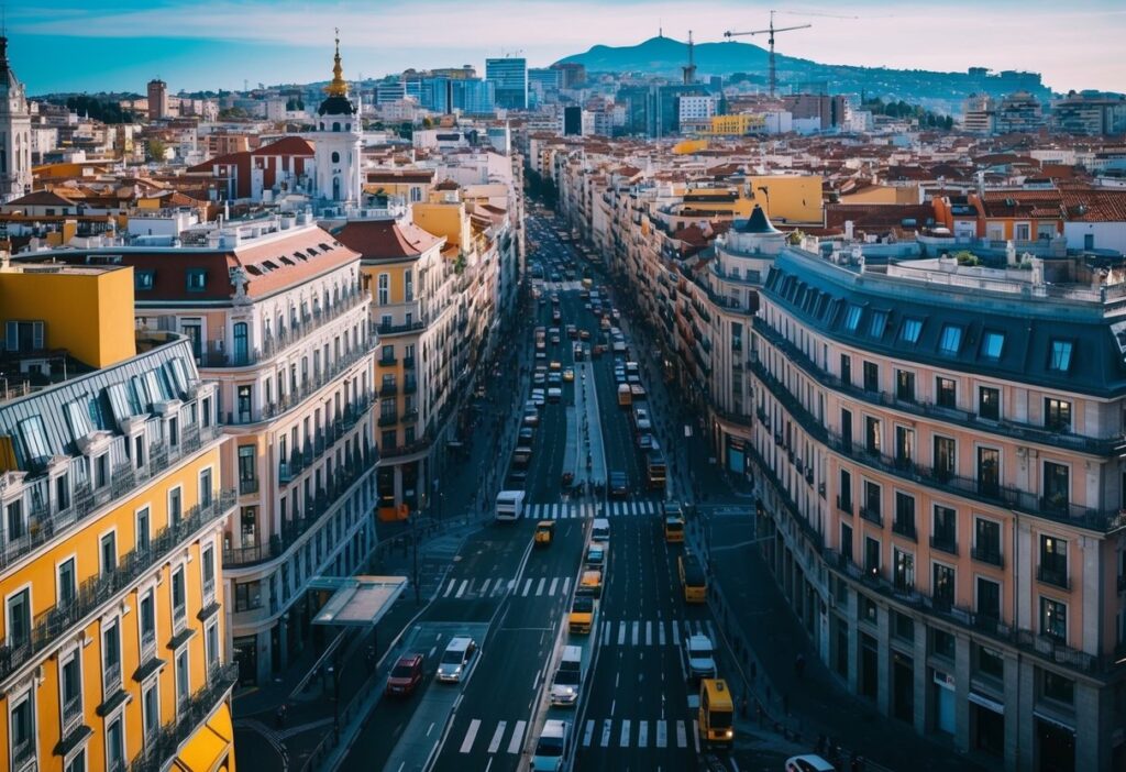 Uma cidade movimentada perto de Madrid com ruas sinuosas, edifícios coloridos e uma mistura de arquitetura moderna e histórica.