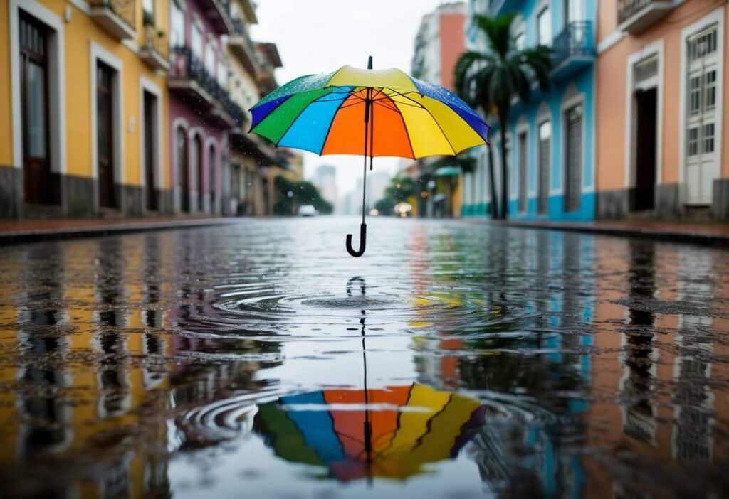 Um guarda-chuva colorido flutua acima de uma rua de paralelepípedos molhada no Rio de Janeiro, com gotas de chuva criando ondulações em poças que refletem os edifícios vibrantes e as palmeiras.