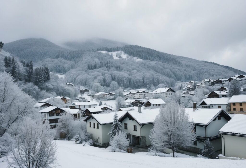 Uma vila montanhosa nevada na região nordeste, com casas e árvores cobertas de geada, e um céu nublado e frio