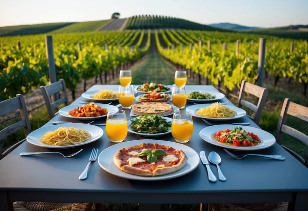 ma mesa posta com uma variedade de pratos tradicionais italianos, incluindo massa, pizza e antipasti, cercada por vinhedos e colinas onduladas.