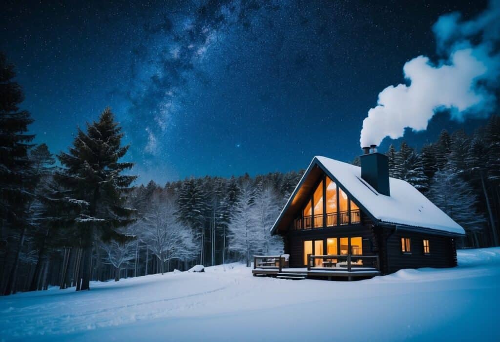 Uma cabana aconchegante situada em uma floresta nevada, fumaça saindo da chaminé sob um céu noturno estrelado