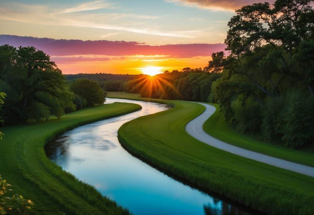 Uma paisagem serena com um rio sinuoso, árvores exuberantes e um pôr do sol colorido