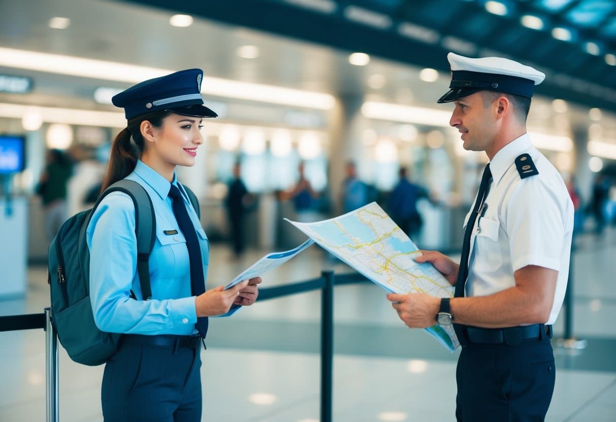 Um turista segurando um mapa e conversando com um oficial de imigração europeu em um aeroporto ou ponto de controle de fronteira.