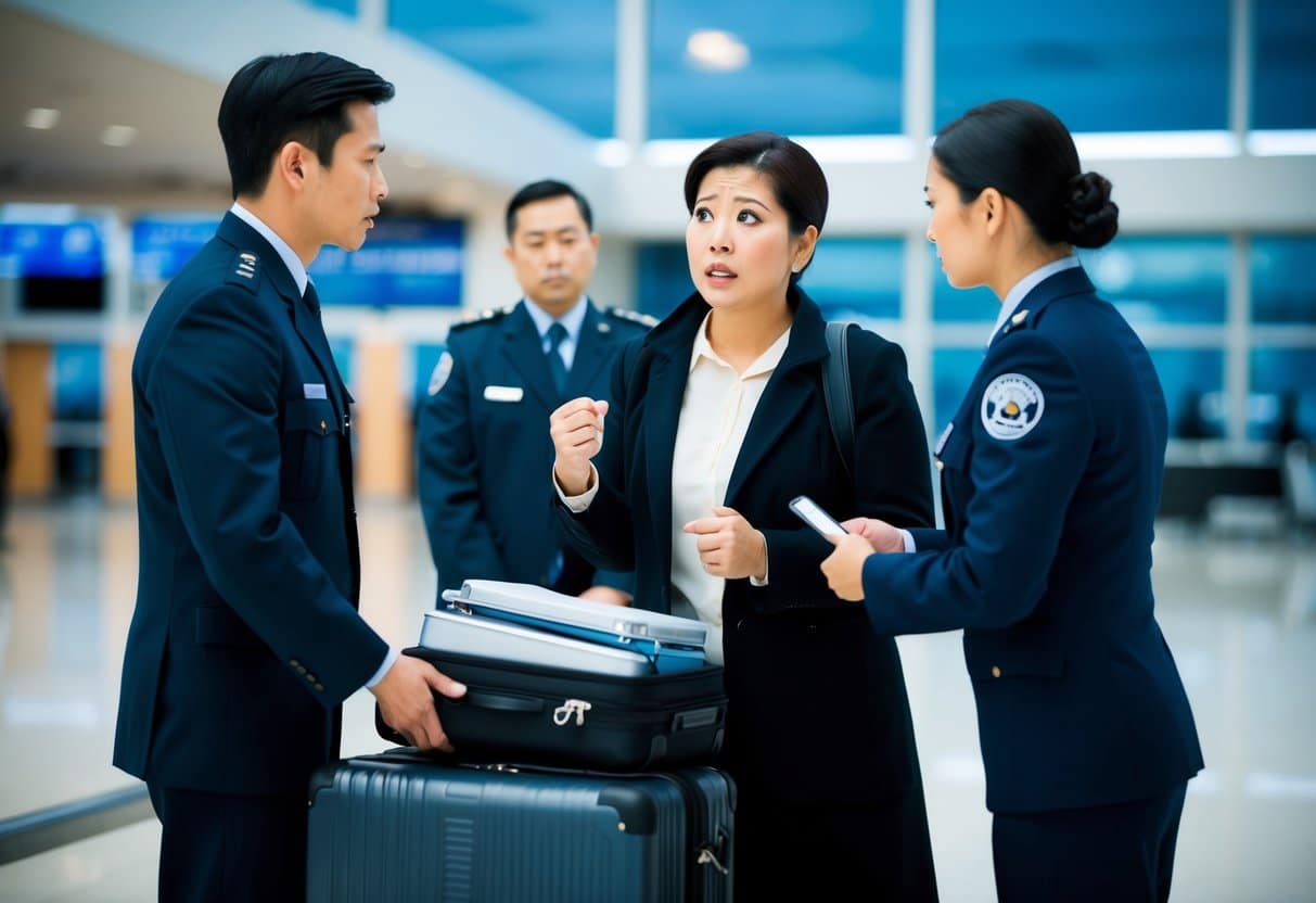 Um indivíduo sendo interrogado por oficiais de imigração em um aeroporto, com uma expressão preocupada e uma mala cheia de itens relacionados ao trabalho.