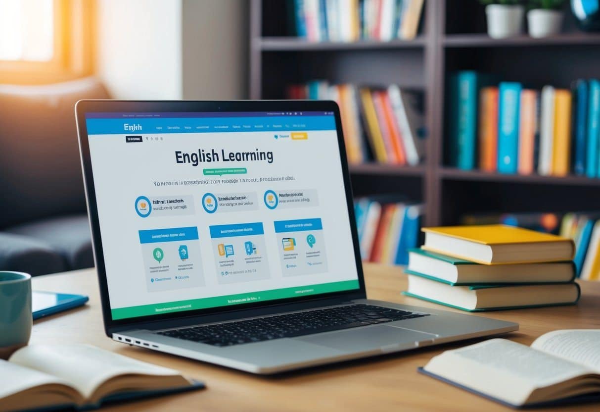 Um laptop exibindo um site de aprendizado de inglês com exercícios interativos e vídeos, cercado por livros e uma área de estudo aconchegante.