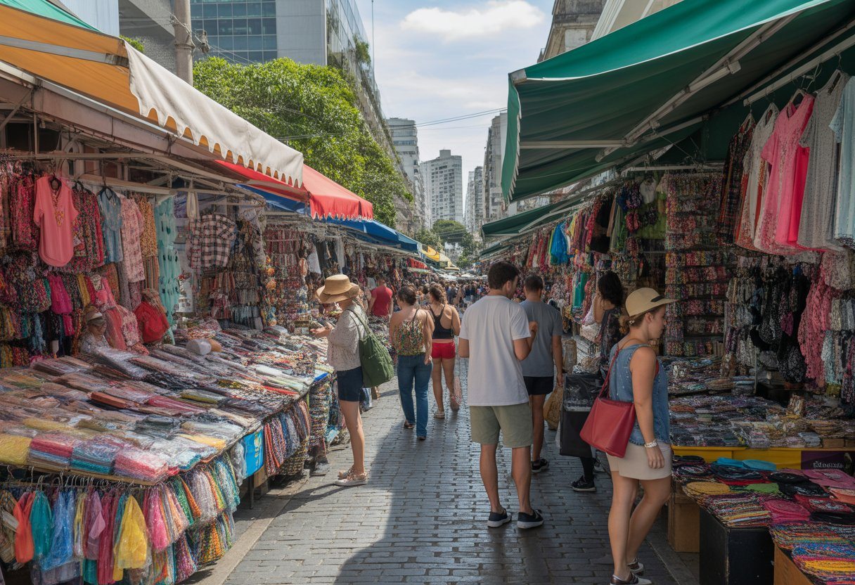 Mercado ao ar livre movimentado no Saara, Rio de Janeiro, com barracas coloridas e pessoas comprando.