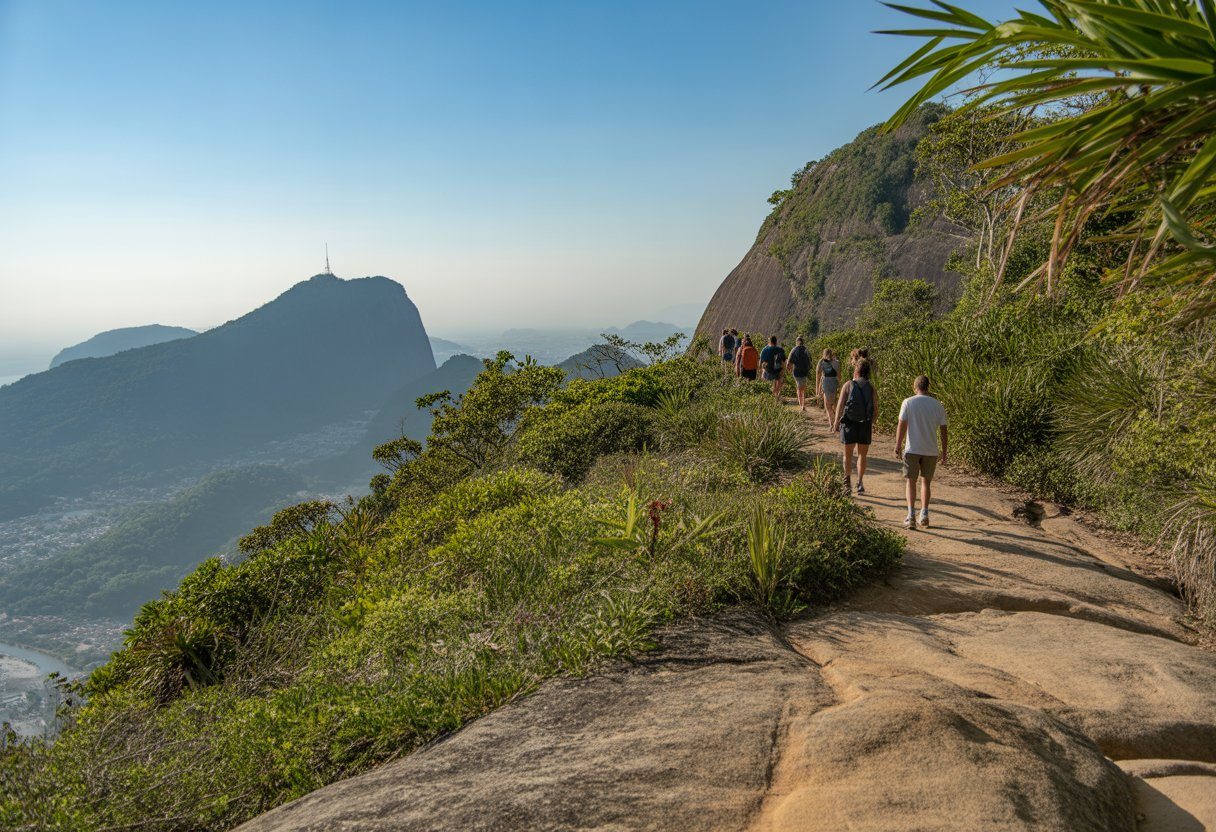 Vista panorâmica da trilha Pedra do Pontal no Rio de Janeiro com vegetação, pedras e pessoas caminhando.
