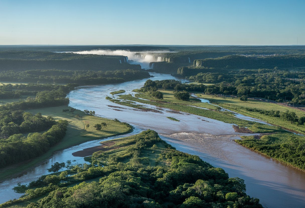 Vista aérea do rio Paraná e áreas verdes entre Foz do Iguaçu e a fronteira com a Argentina, com as Cataratas do Iguaçu ao fundo.