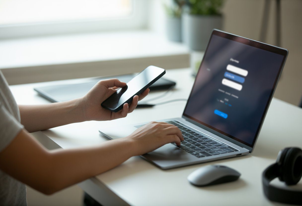 Pessoa sentada em uma mesa moderna usando um smartphone e um laptop ao mesmo tempo, concentrada no trabalho.