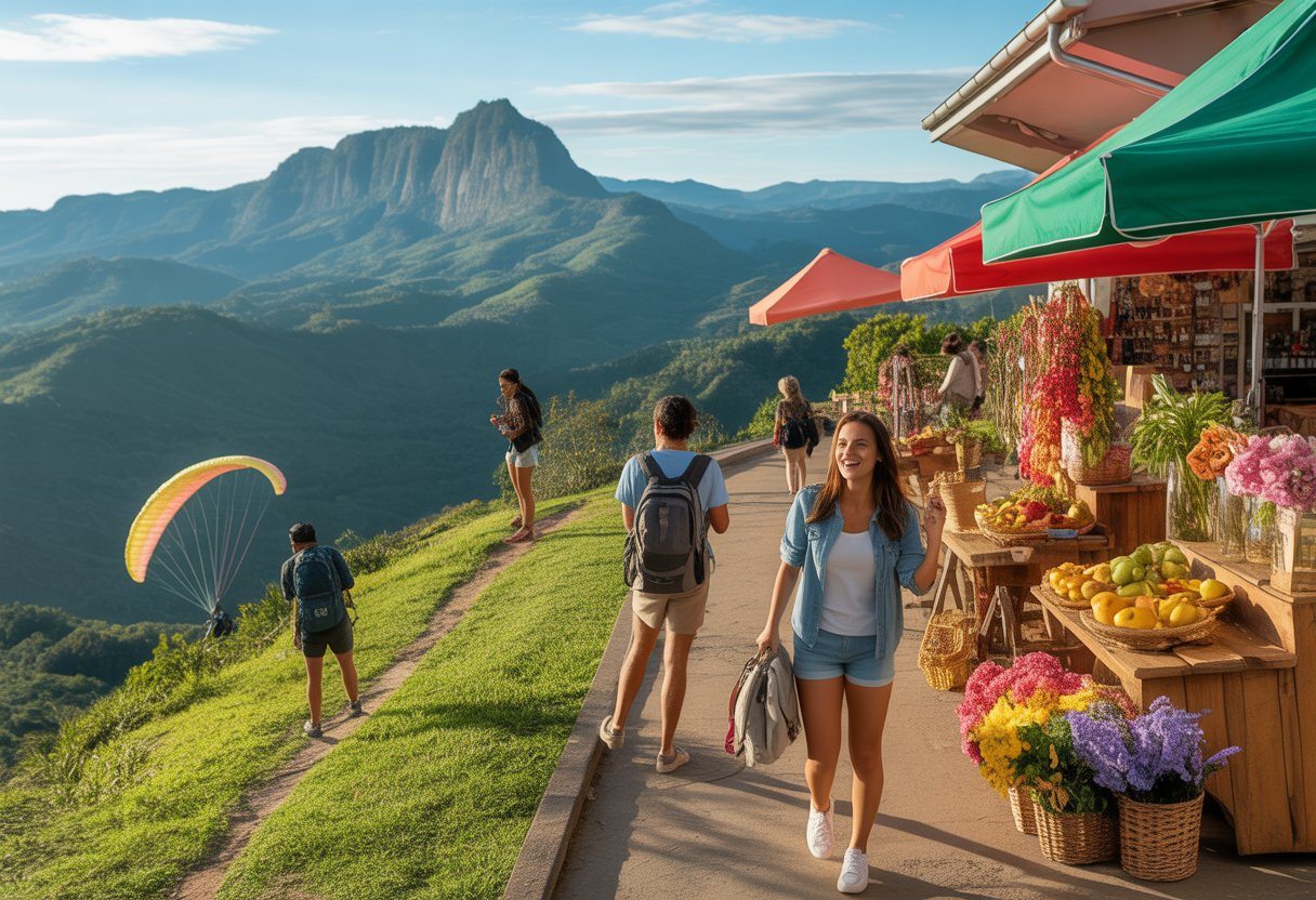 Paisagem montanhosa de Nova Friburgo com pessoas fazendo trilha, parapente e visitando uma feira local colorida.