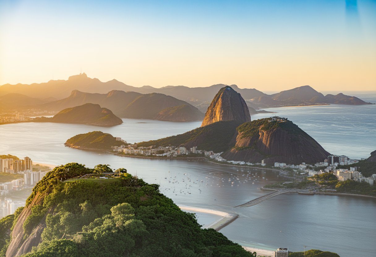 Vista panorâmica do Mirante do Joá mostrando colinas verdes, a montanha Pedra da Gávea, o oceano azul e praias ao fundo durante o pôr do sol.