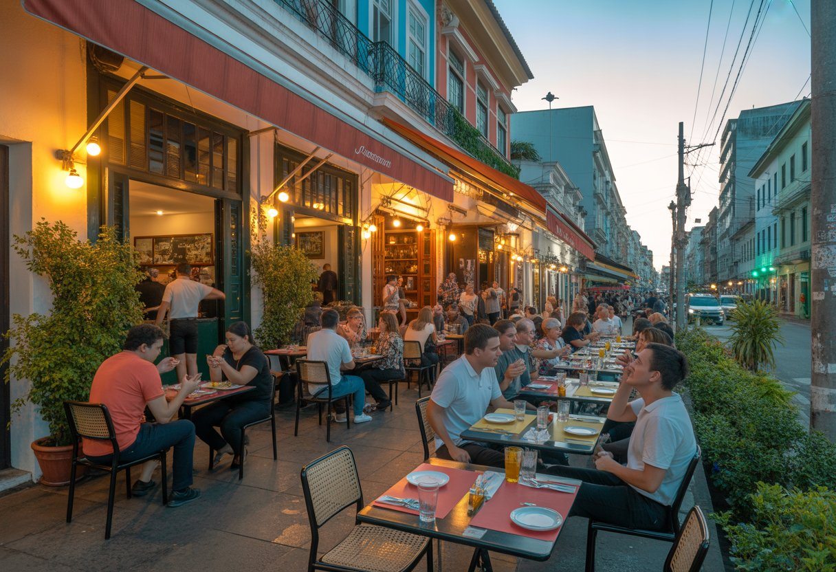 Rua em Joinville com vários restaurantes abertos, pessoas sentadas nas mesas ao ar livre aproveitando a refeição ao entardecer.