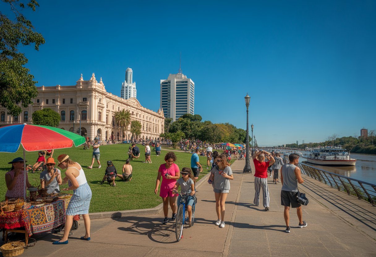 Vista da cidade de Assunção com pessoas aproveitando atividades ao ar livre no parque, vendedores ambulantes e o Palácio de los López ao fundo.