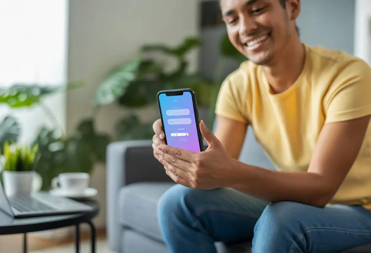 Pessoa jovem segurando um smartphone e sorrindo em uma sala de estar moderna e iluminada, transmitindo satisfação com uma transação financeira.
