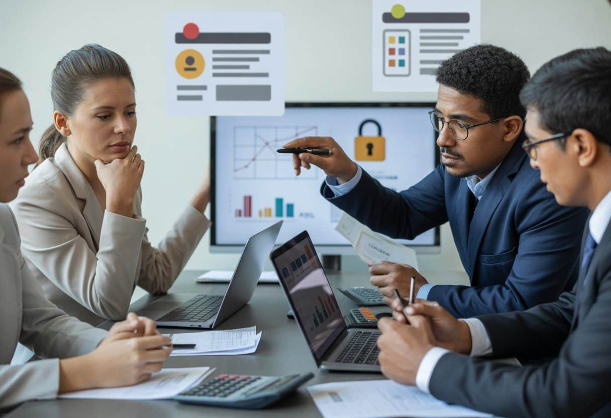 Pessoas em um escritório discutindo finanças e benefícios de seguro desemprego, com computadores e documentos sobre a mesa.