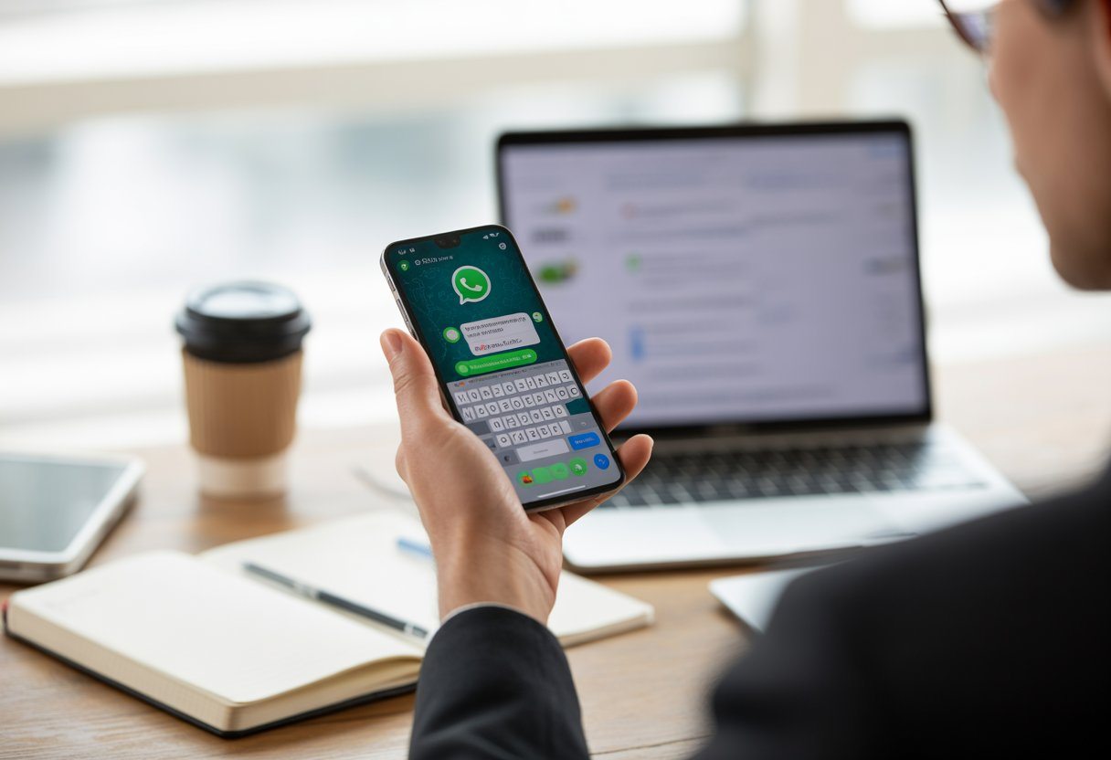 Pessoa segurando um smartphone com a tela do WhatsApp aberta em um ambiente de escritório moderno.