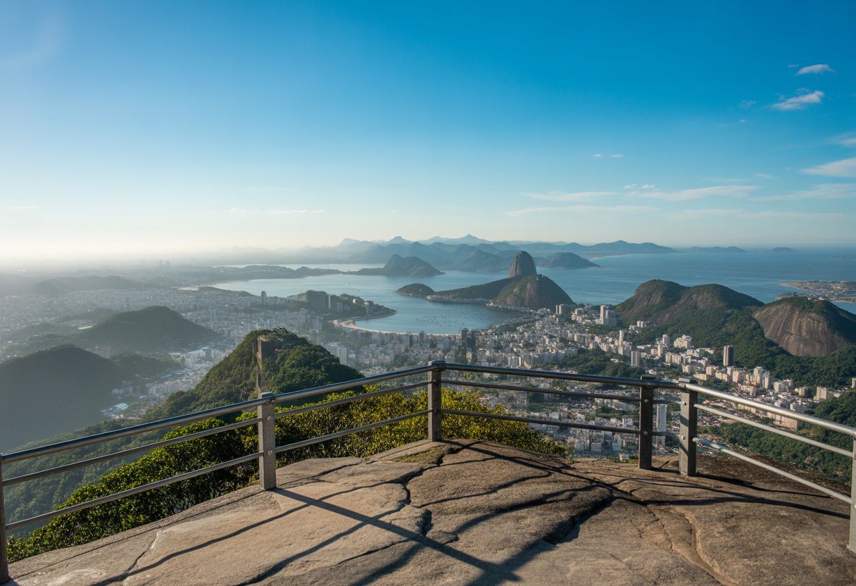 Vista panorâmica do Mirante Dona Marta mostrando a cidade do Rio de Janeiro, com o Pão de Açúcar e o Cristo Redentor ao fundo, vista do alto com áreas rochosas e grades de proteção.