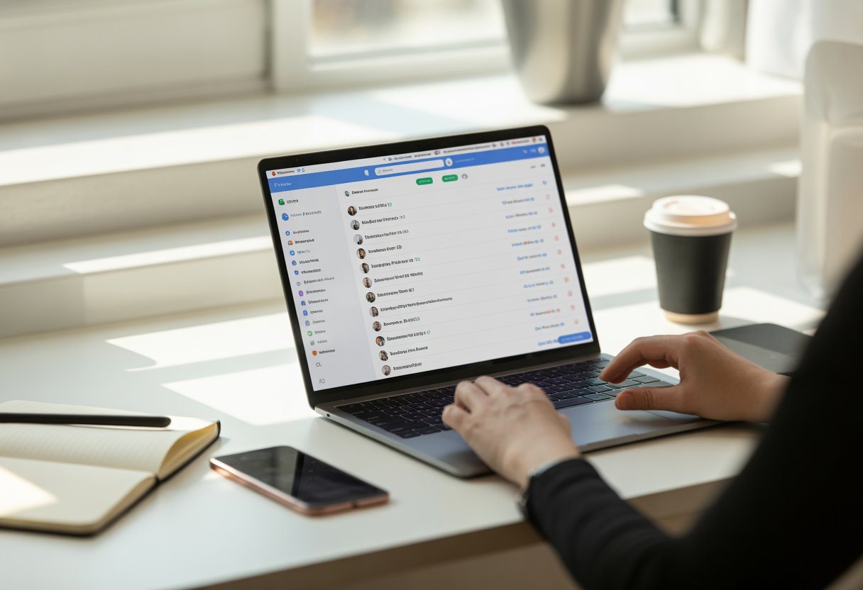 Pessoa usando um laptop em uma mesa limpa, verificando uma lista de perfis seguidos recentemente em uma rede social.