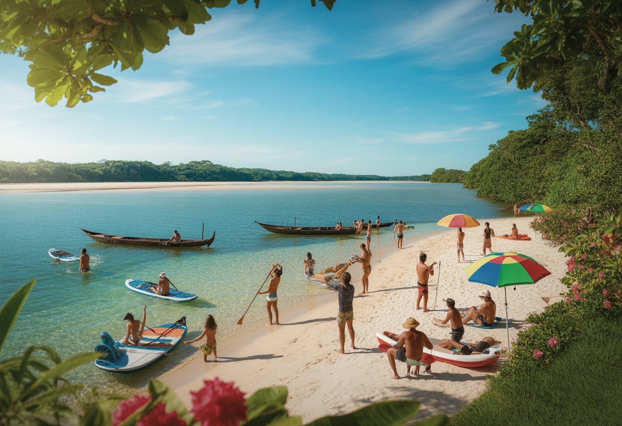 Praia de areia branca em Alter do Chão com pessoas nadando, praticando stand up paddle e relaxando sob guarda-sóis coloridos, rodeada por árvores tropicais e barcos de madeira no rio.