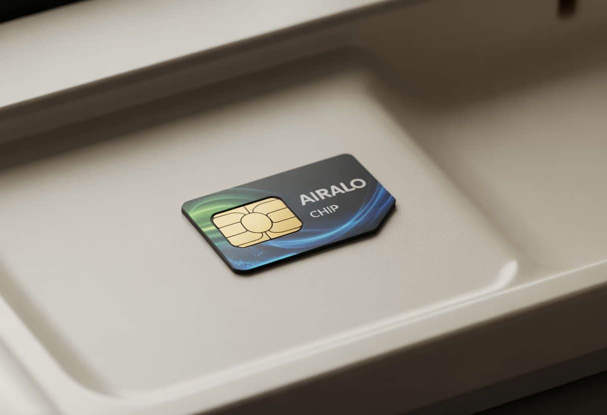 Close-up de um chip SIM Airalo sobre uma superfície branca e limpa.