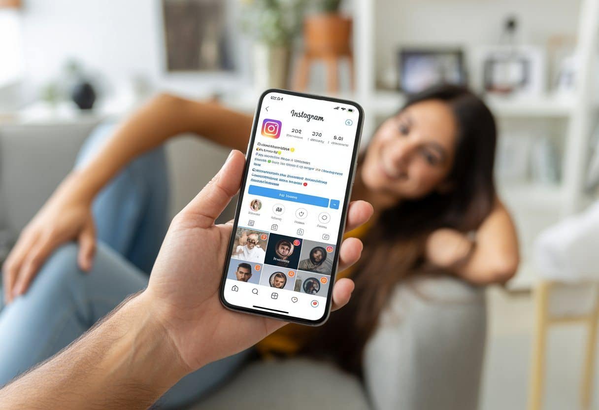 Pessoa segurando um smartphone mostrando uma página de perfil do Instagram com ícones de curtidas visíveis.