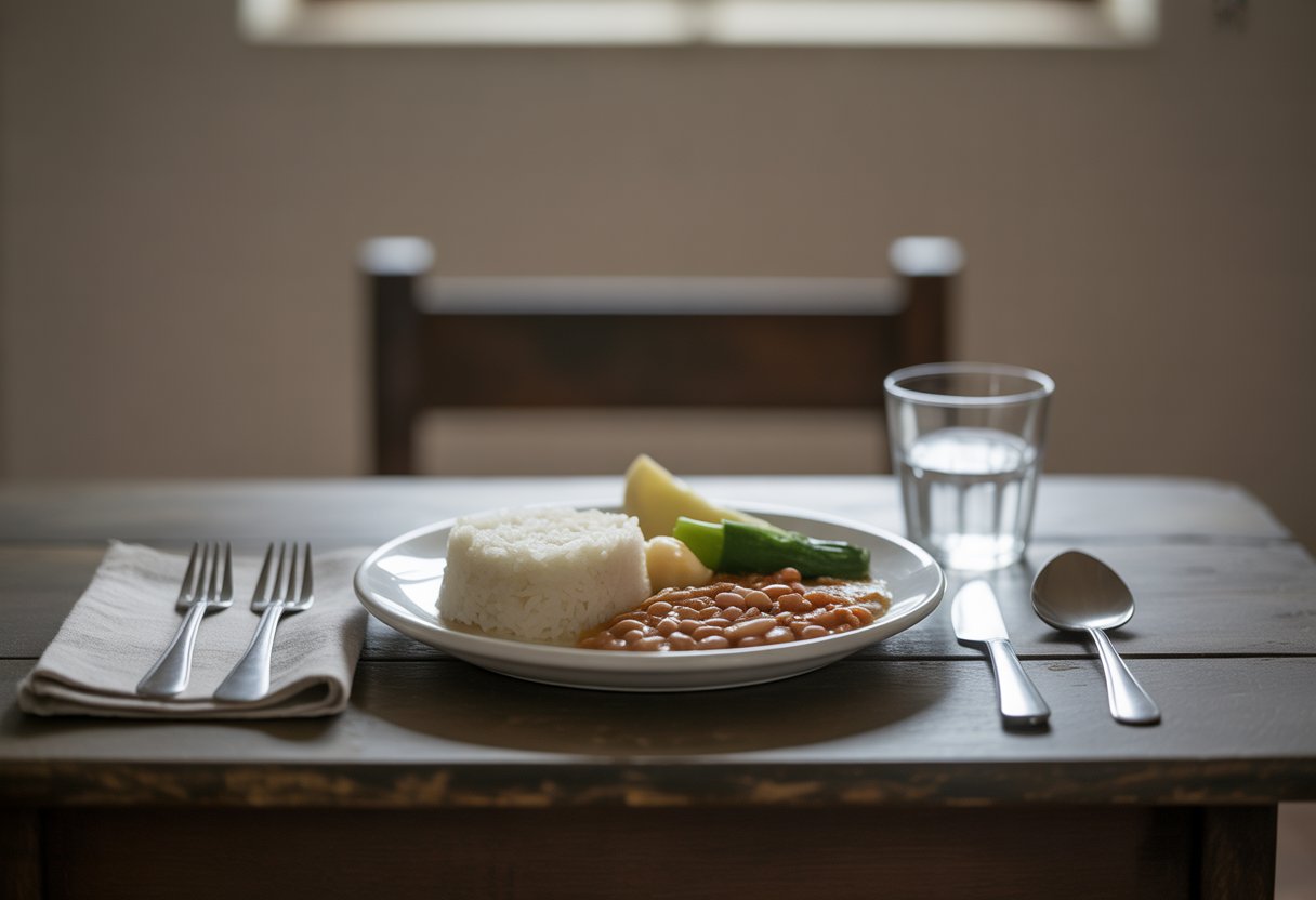 Prato simples com arroz, feijão e legumes em uma mesa de madeira rústica, em um ambiente modesto de cozinha.