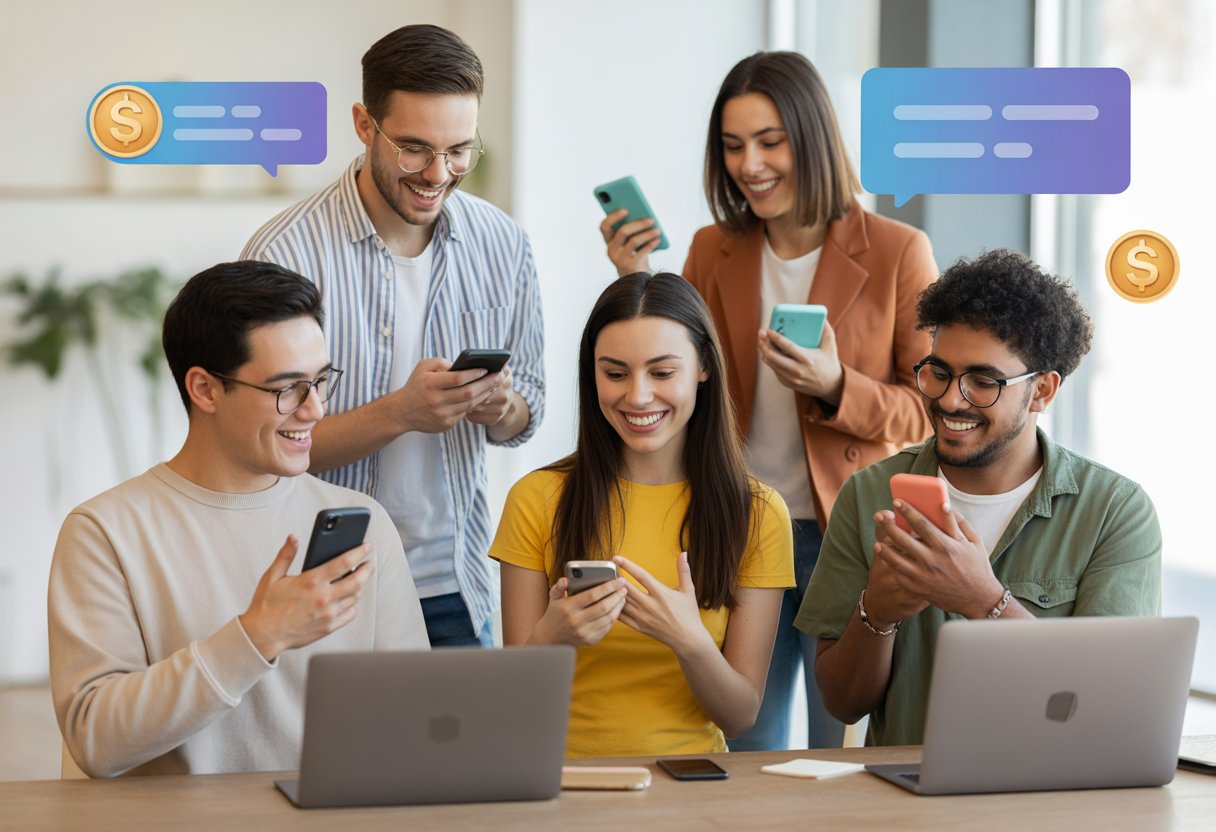 Grupo diversificado de jovens conversando animadamente por vídeo chamada em um ambiente moderno e iluminado.