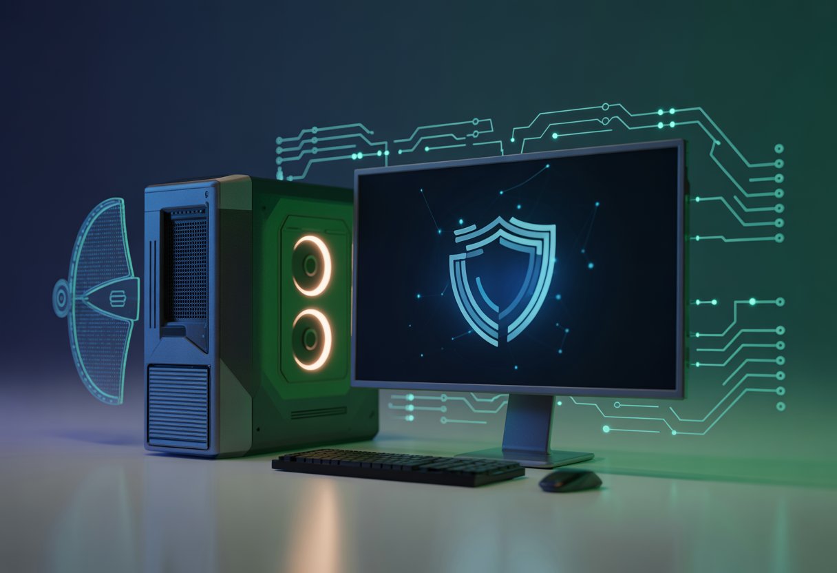 Computador moderno com luzes RGB e um monitor mostrando um escudo digital abstrato, simbolizando segurança em jogos.