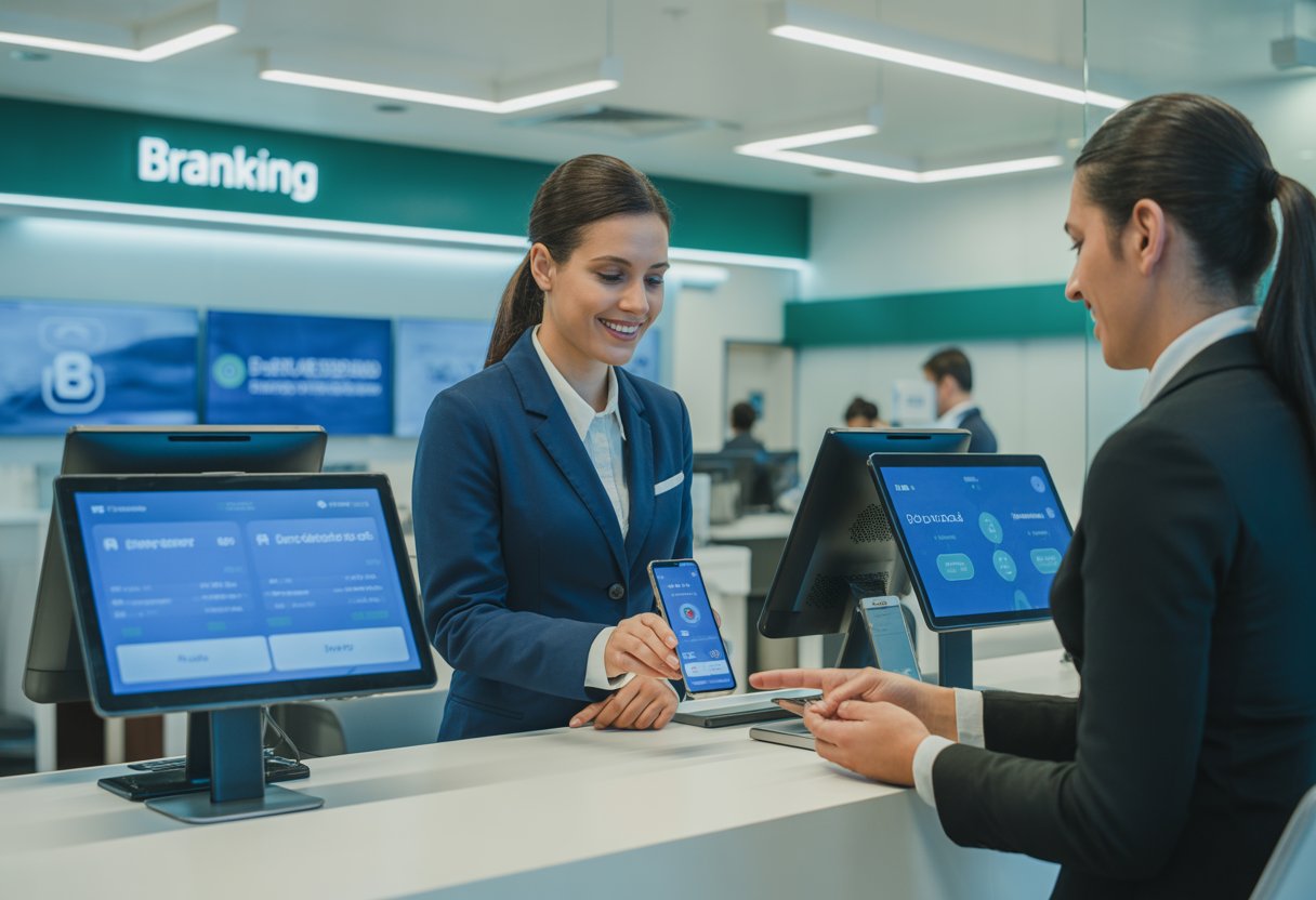 Interior moderno de uma agência bancária com um funcionário atendendo um cliente, mostrando um ambiente profissional e tecnológico.