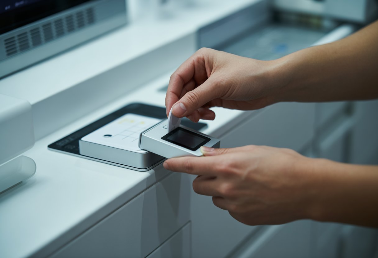 Mãos desbloqueando um pequeno dispositivo eletrônico branco sem usar cartão.