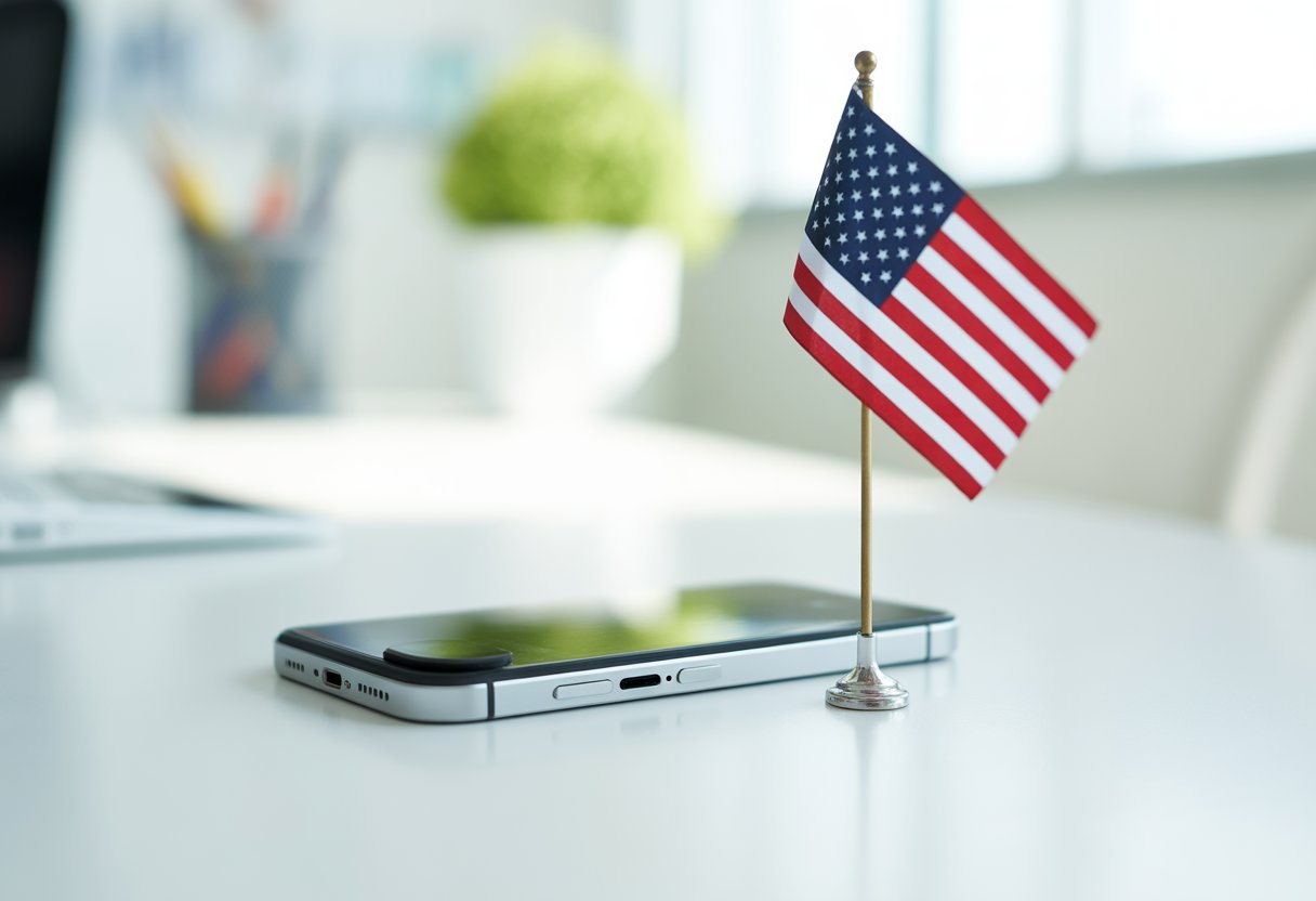 Um iPhone moderno sobre uma mesa branca com uma pequena bandeira dos Estados Unidos ao lado.