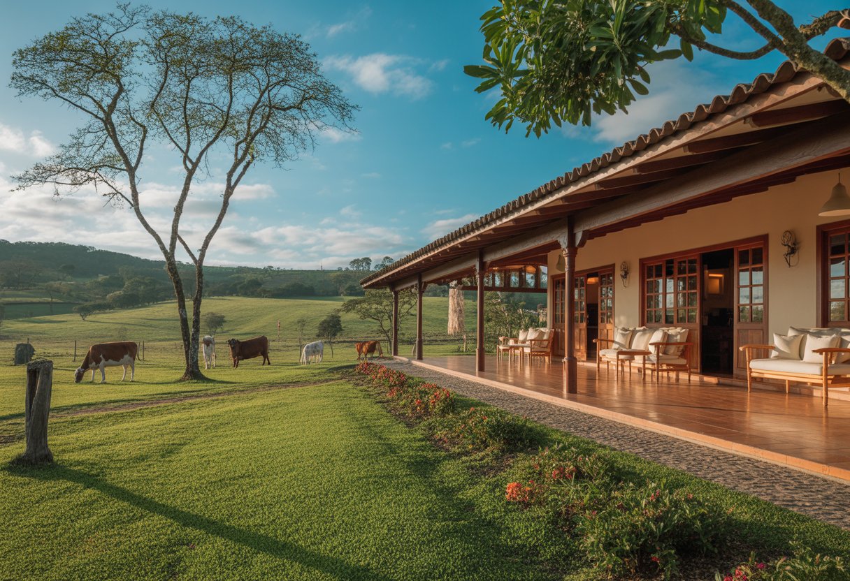 Hotel fazenda rústico rodeado por pastagens verdes e árvores, com um jardim florido e colinas ao fundo sob céu azul.