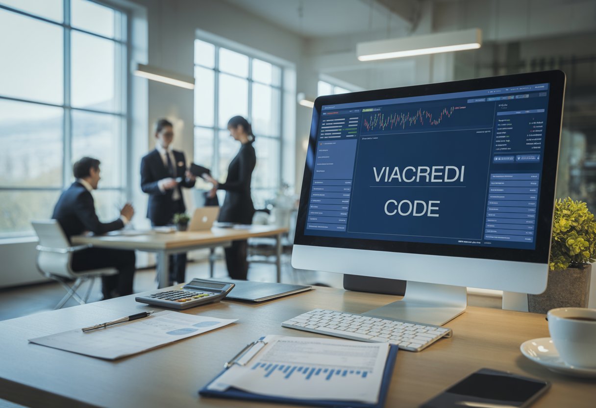 Ambiente moderno de escritório bancário com computador exibindo dados financeiros e profissionais trabalhando ao fundo.