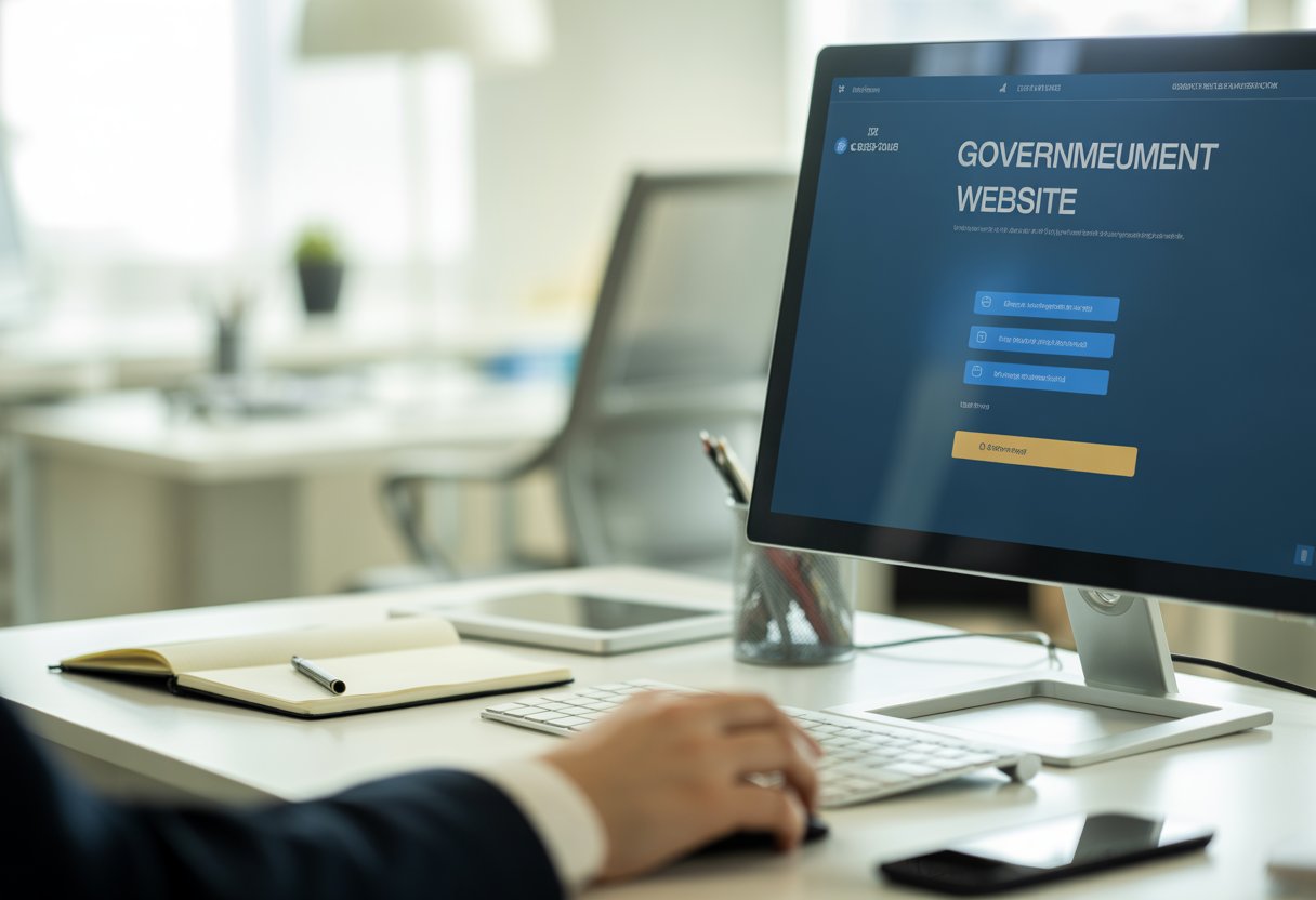 Pessoa em escritório usando computador com tela mostrando configurações de segurança de site governamental.