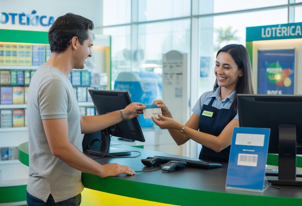 Cliente entregando um boleto para um atendente em um caixa de lotérica, com equipamentos de pagamento visíveis e ambiente organizado.