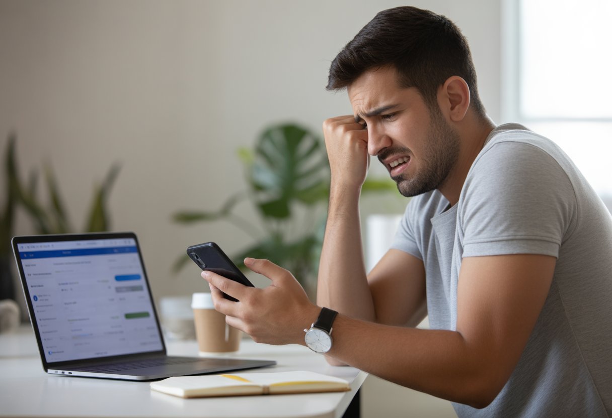 Homem jovem sentado em uma mesa olhando preocupado para o celular, com um laptop aberto à sua frente.