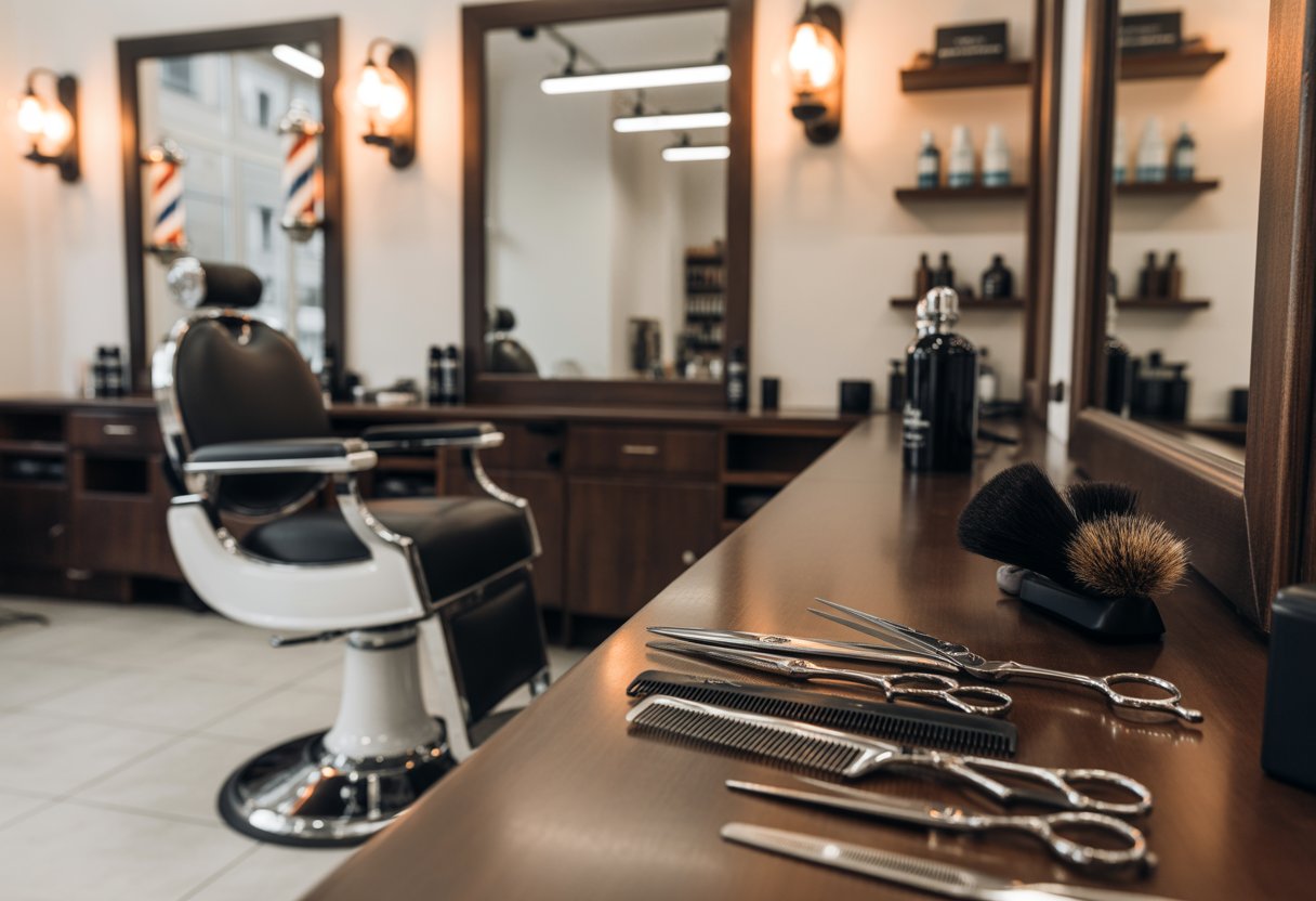 Interior de uma barbearia moderna com cadeira de barbeiro, espelhos, ferramentas de corte e produtos organizados.
