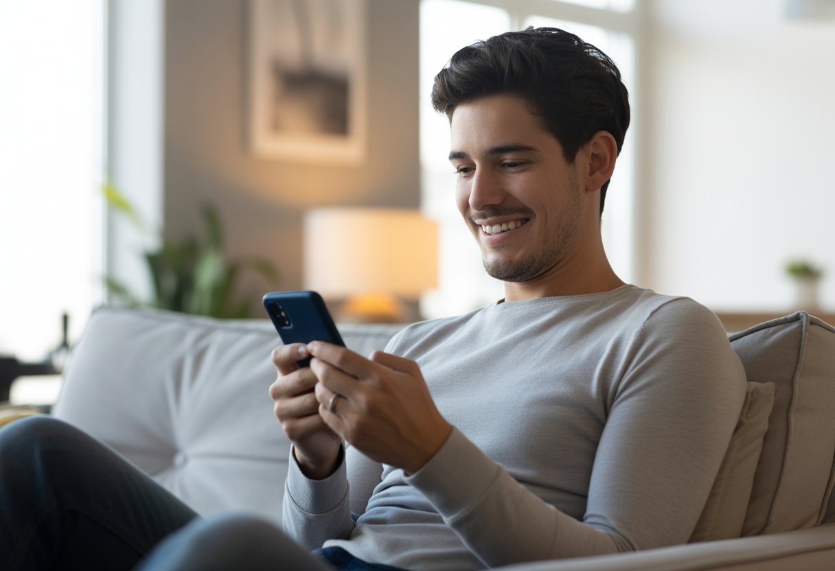 Homem jovem sentado em uma sala de estar moderna, sorrindo enquanto olha para o celular.