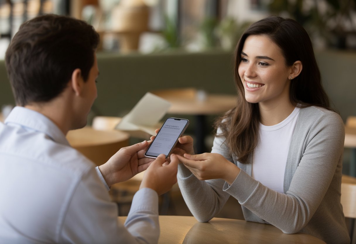 Duas pessoas conversando amigavelmente em um café, uma entregando um bilhete ou celular para a outra com sorriso gentil.