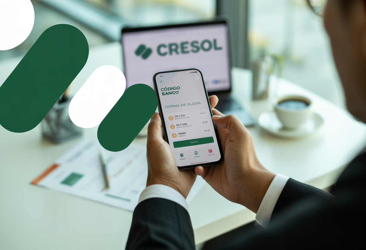 Pessoa segurando um smartphone com interface de aplicativo bancário, em um ambiente de escritório moderno e bem iluminado.