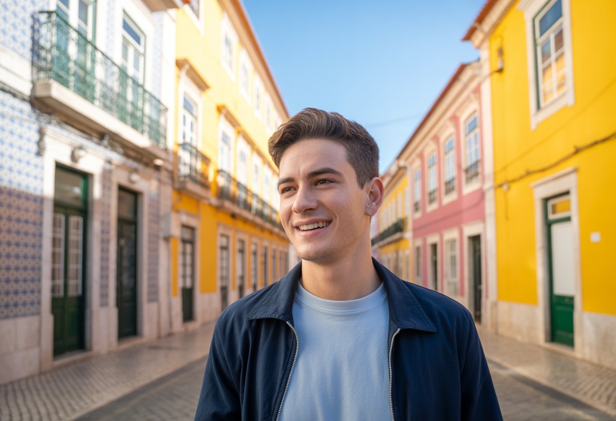 Um jovem português sorridente em uma rua típica de Portugal com prédios coloridos e calçamento de pedra ao fundo.