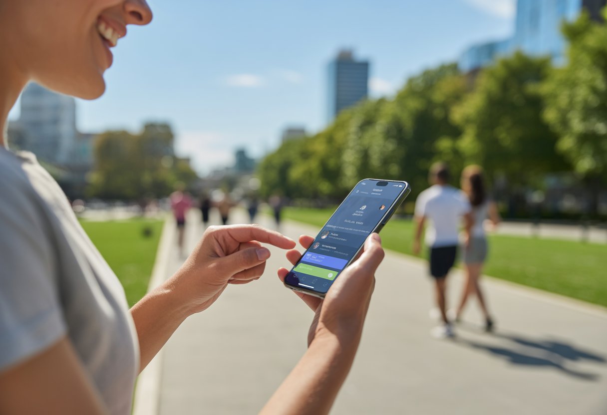 Pessoa usando um smartphone ao ar livre em um parque urbano durante o dia, com árvores e pessoas caminhando ao fundo.