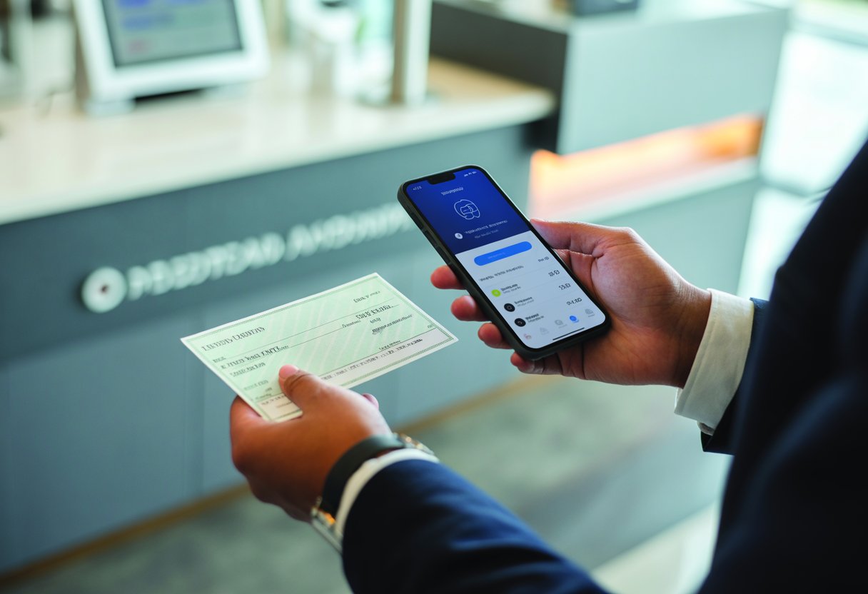 Pessoa depositando um cheque usando um smartphone em um banco moderno.