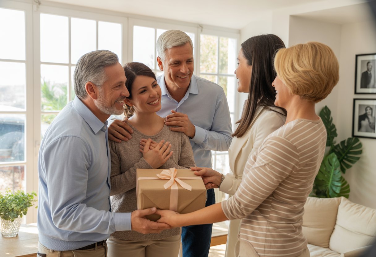 Uma família feliz reunida em uma sala de estar moderna, com um casal abraçando o genro que segura um presente.