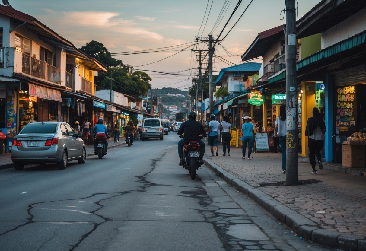 Rua movimentada em Nova Iguaçu com pedestres, veículos e lojas locais ao entardecer.