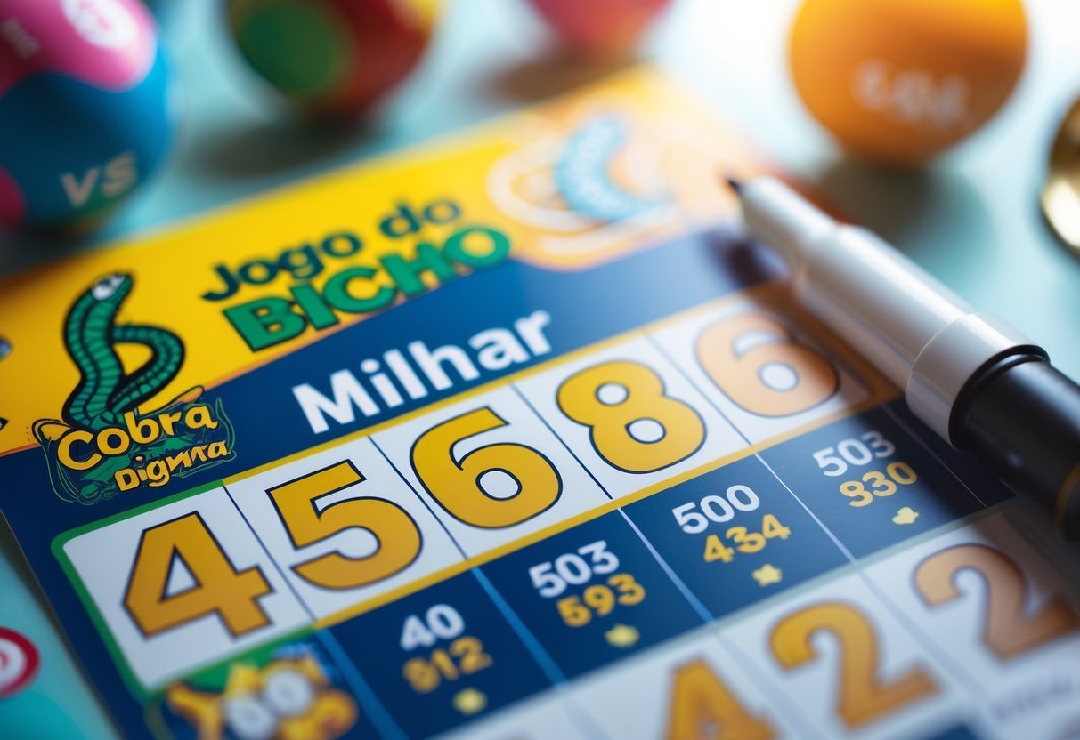 Close-up de um bilhete colorido do jogo do bicho com elementos relacionados à cobra e números, em ambiente de aposta.