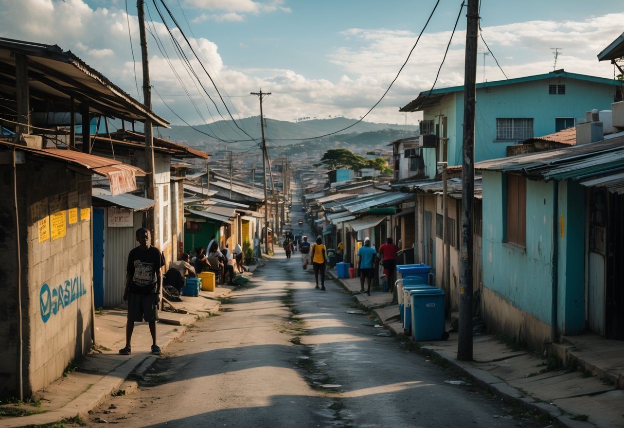 Bairro modesto e densamente povoado em Osasco com casas simples, ruas estreitas e pessoas realizando atividades diárias.