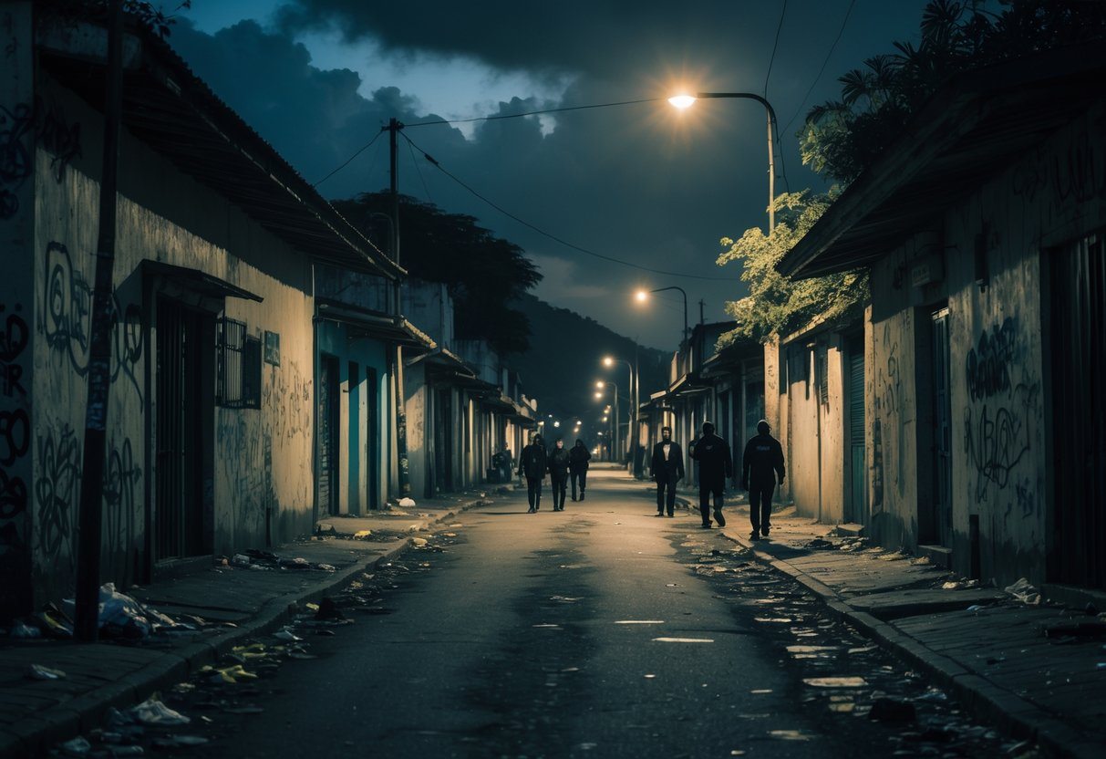 Rua escura e pouco iluminada em um bairro de Cabo Frio, com prédios antigos, grafites nas paredes e algumas pessoas ao longe.